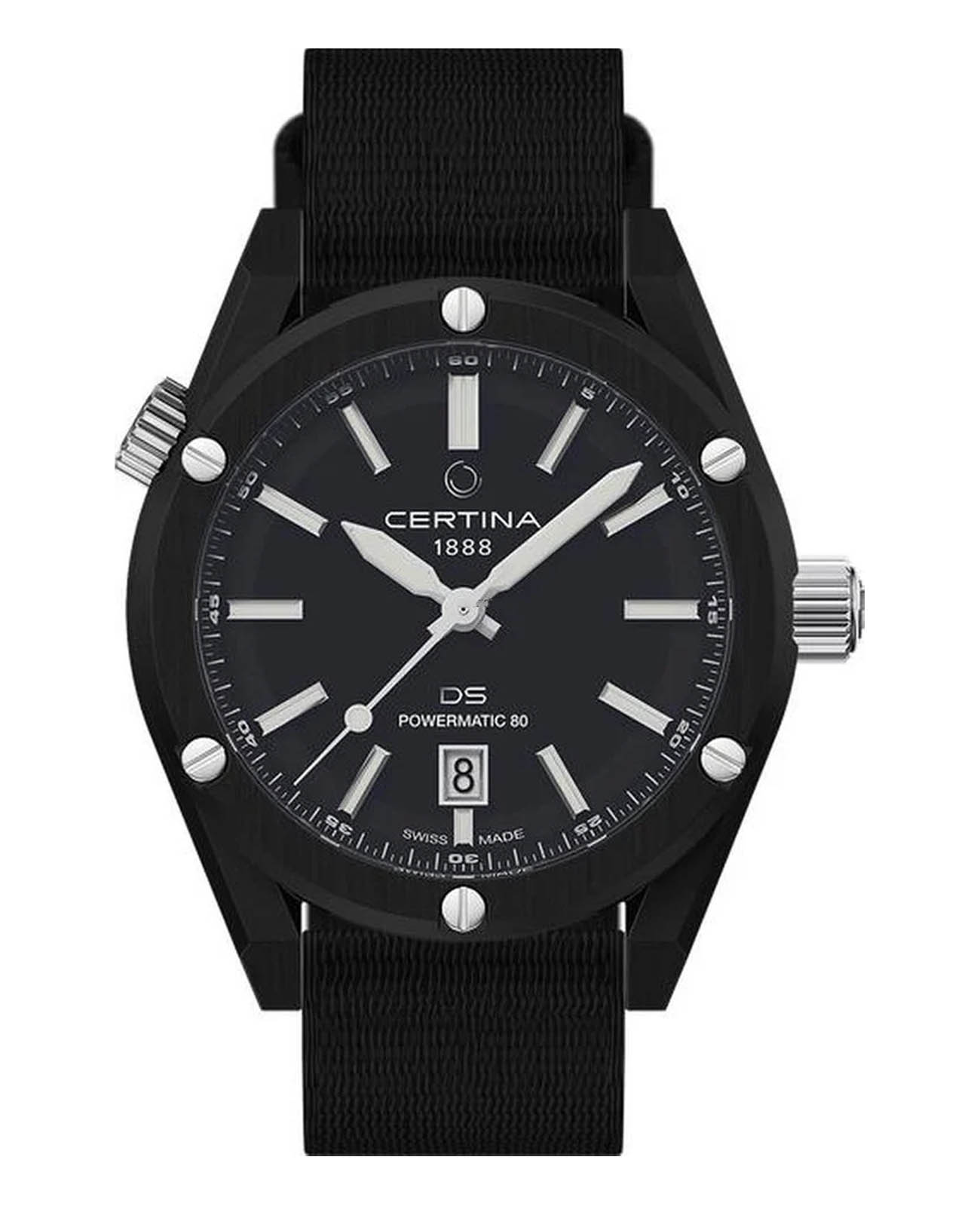 Certina Certina DS+ C041.407.39.051.00  C0414073905100 механические мужские часы черный циферблат, браслет нержавеющая сталь с pvd-покрытием — вид спереди