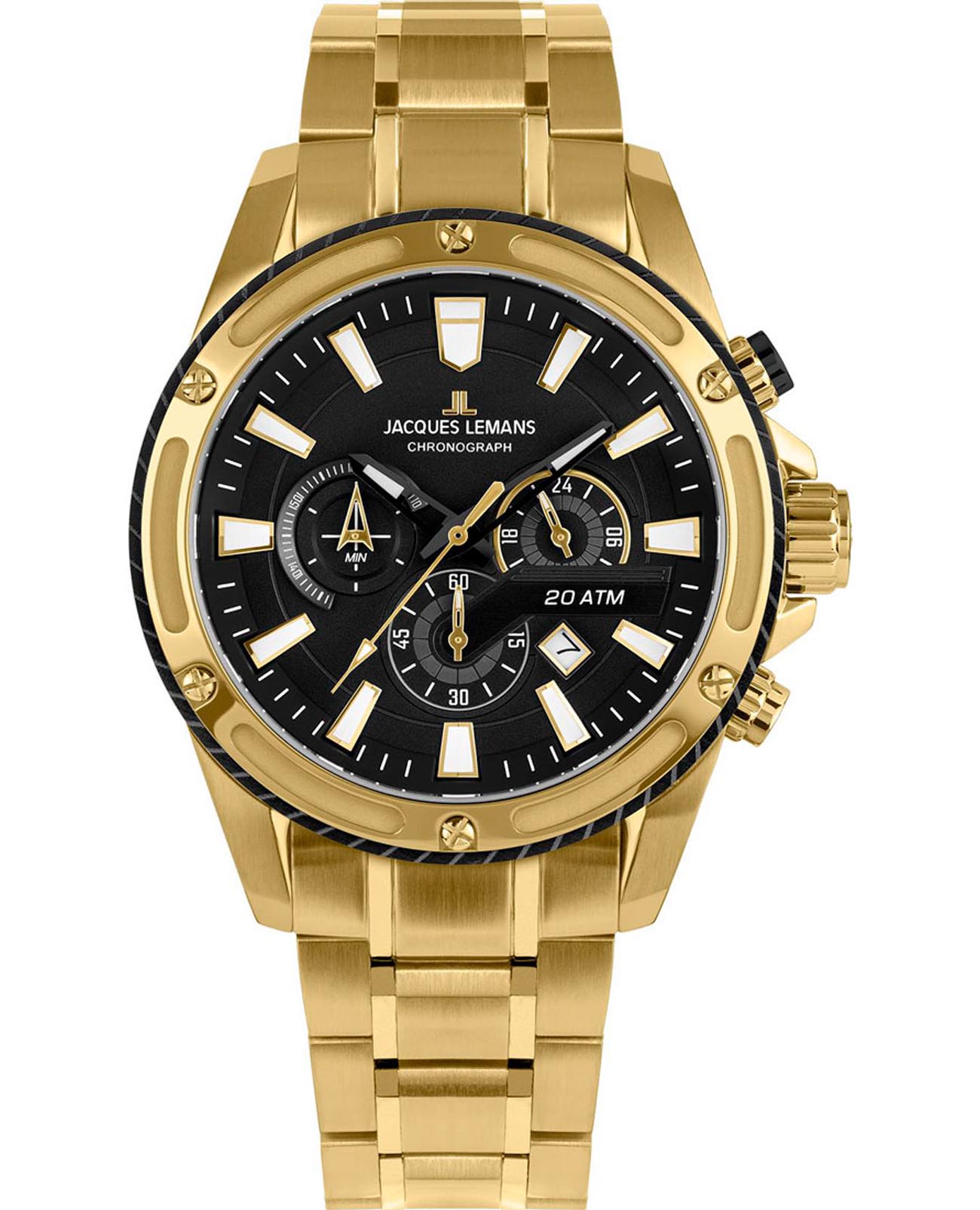 Jacques Lemans Jacques Lemans Liverpool 1-2141J  1-2141J кварцевые мужские часы черный циферблат, браслет нержавеющая сталь с pvd-покрытием — вид спереди