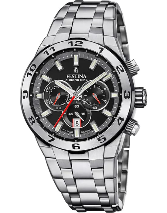 Festina Festina Chrono Bike F20670/6  F20670/6 кварцевые мужские часы черный циферблат, браслет нержавеющая сталь — вид спереди