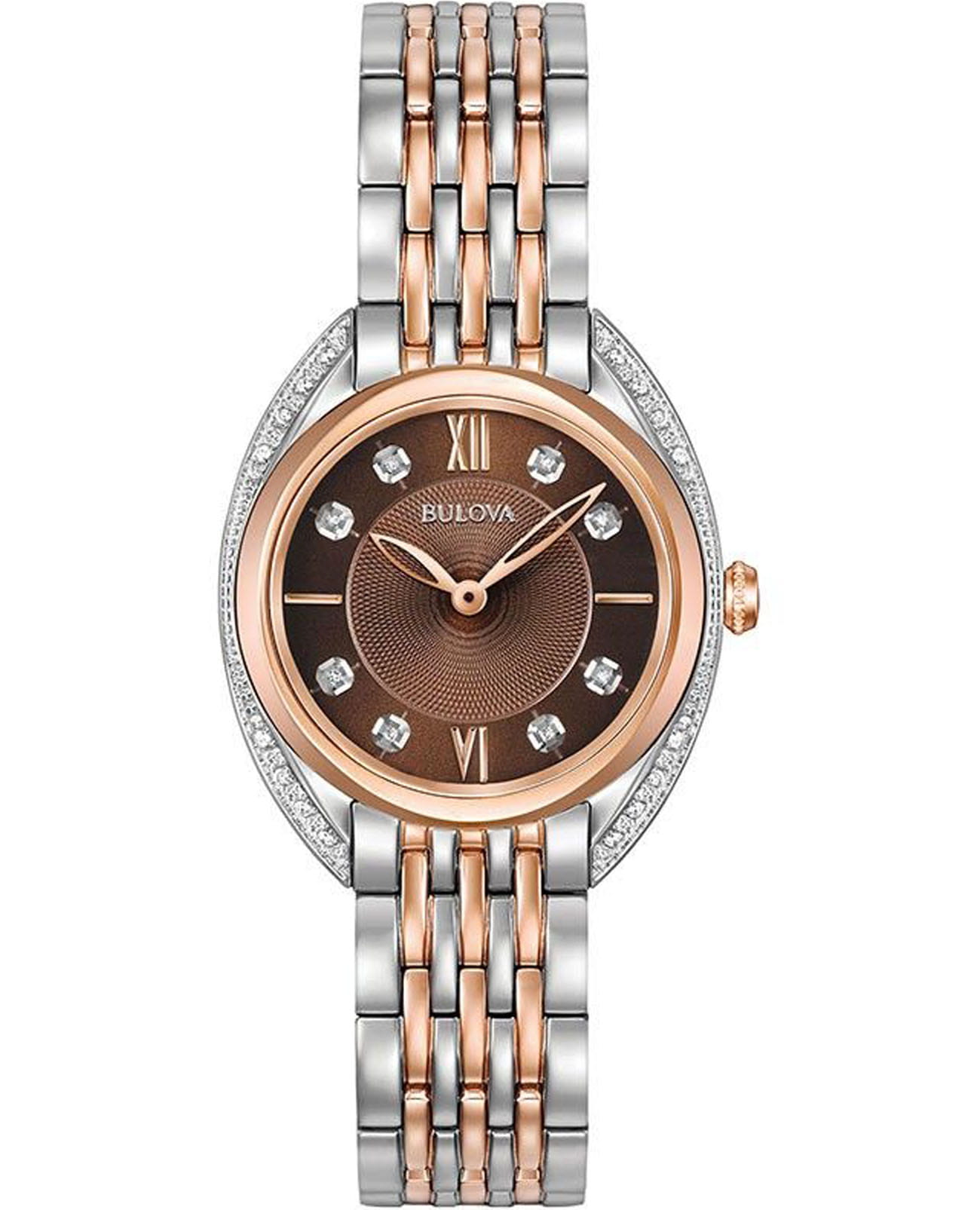 Bulova Bulova Diamonds 98R230  98R230 кварцевые женские часы коричневый циферблат, браслет нержавеющая сталь с ip-покрытием — вид спереди