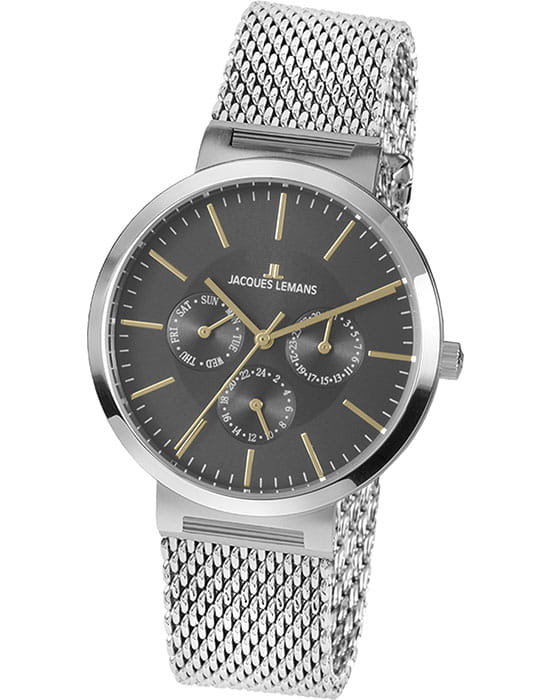 Jacques Lemans Jacques Lemans 1-1950J  1-1950J кварцевые мужские часы серый циферблат, браслет нержавеющая сталь — вид спереди