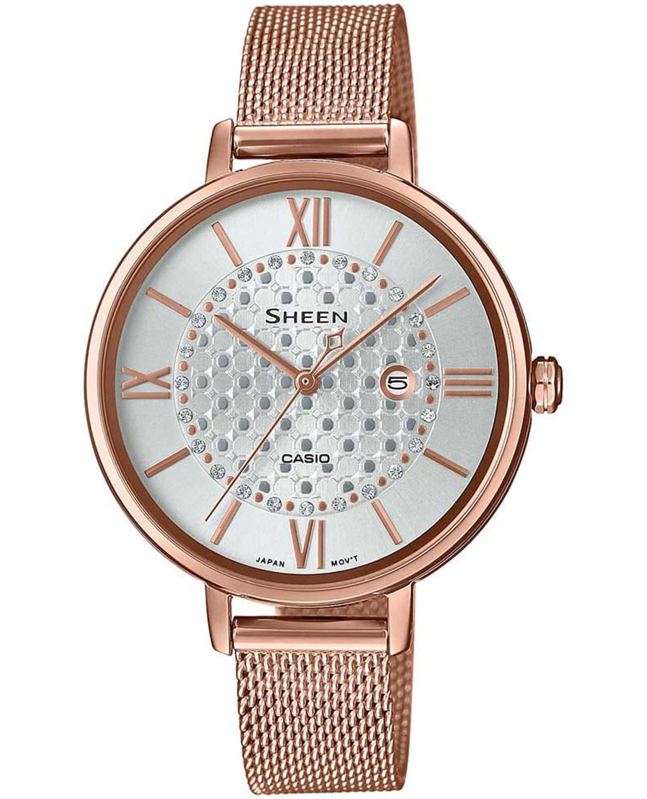 Casio Casio Sheen SHE-4059PGM-7AUDF  SHE-4059PGM-7AUDF кварцевые женские часы золотой циферблат, браслет нержавеющая сталь с ip-покрытием — вид спереди