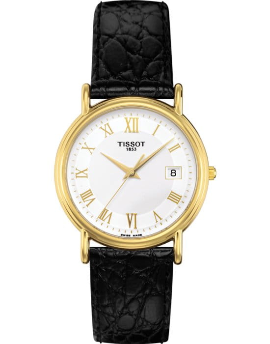 Tissot Tissot Carson Lady 18K Gold T71.3.129.13 Carson T71312913 кварцевые женские часы белый циферблат, браслет кожаный — вид спереди