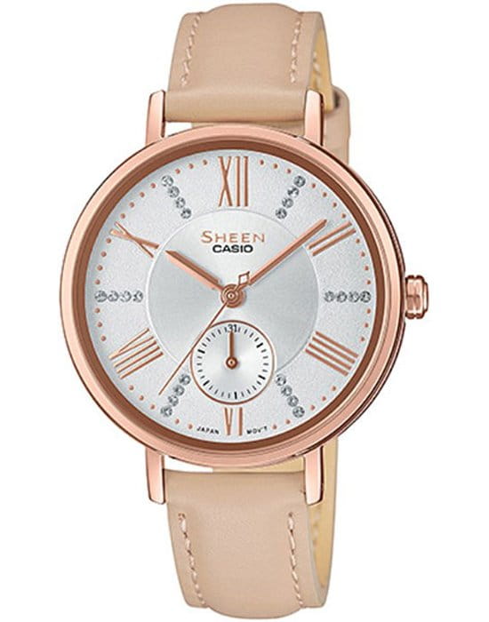 Casio Casio Sheen SHE-3066PGL-7BUEF  SHE-3066PGL-7B кварцевые женские часы белый циферблат, браслет кожаный — вид спереди