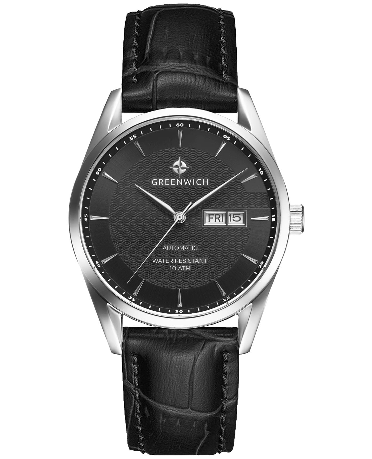 Greenwich Greenwich Good Luck Classic GW 074.11.31  GW 074.11.31 механические мужские часы черный циферблат, браслет кожаный — вид спереди