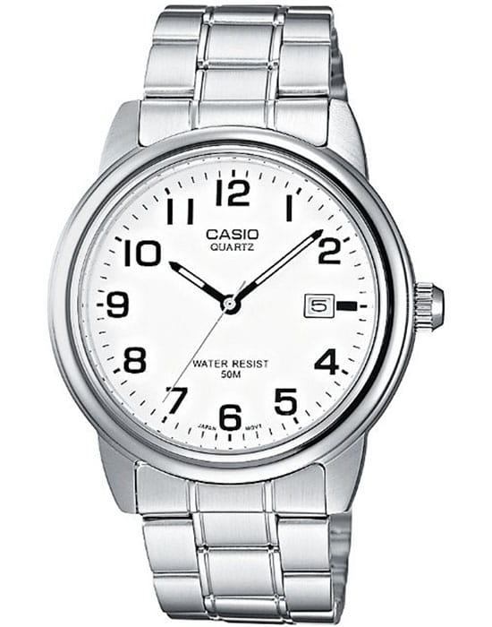 Casio Casio MTP-1221A-7B  MTP-1221A-7B кварцевые мужские часы белый циферблат, браслет нержавеющая сталь — вид спереди