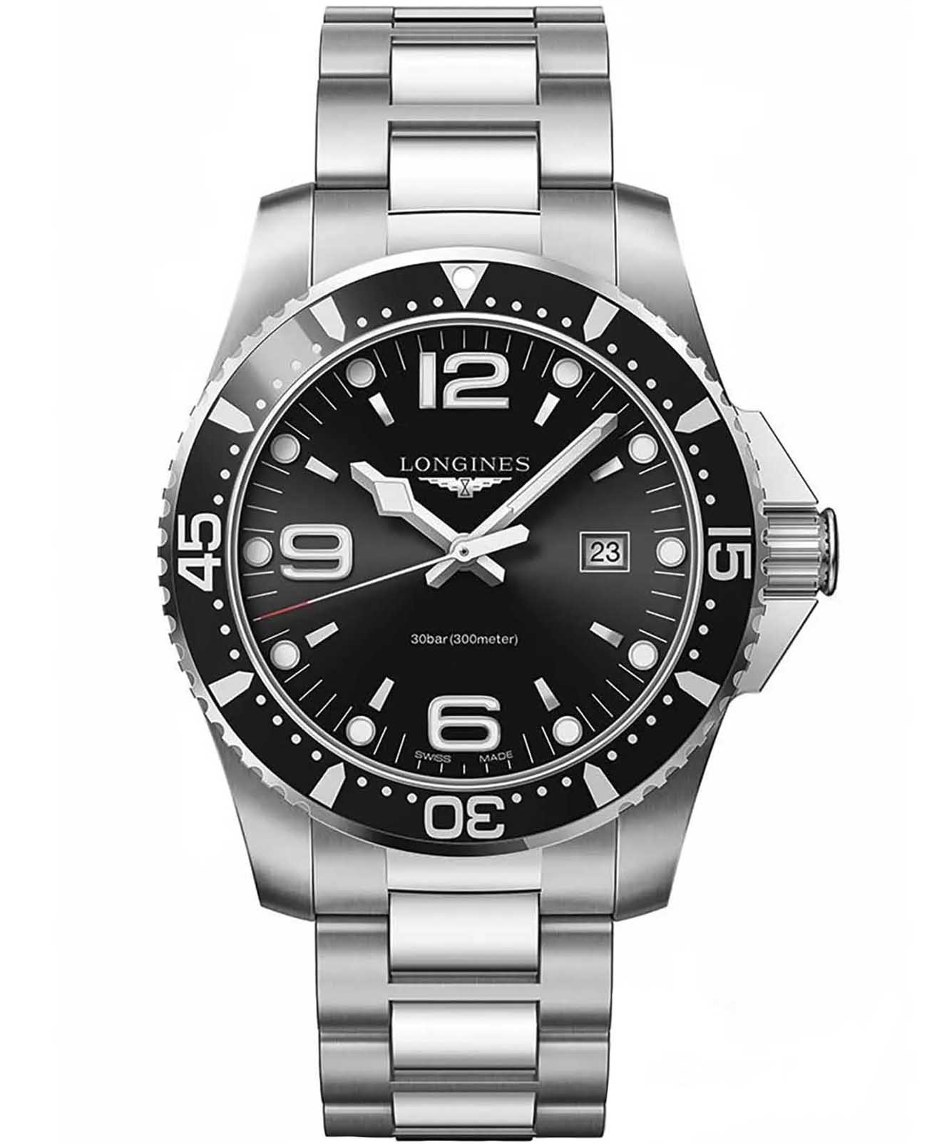 Longines Longines HydroConquest L3.840.4.56.6  L38404566 кварцевые мужские часы черный циферблат, браслет нержавеющая сталь — вид спереди