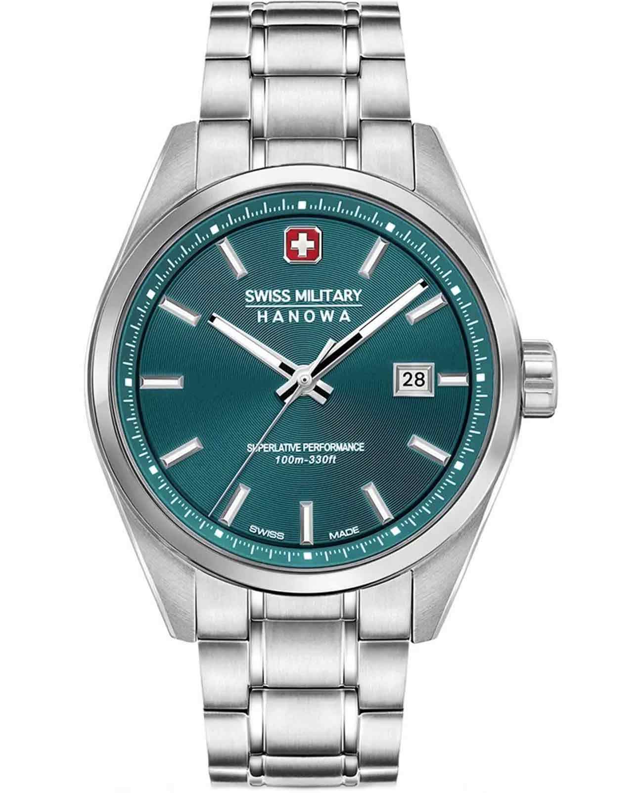 Swiss Military Hanowa Swiss Military Hanowa Pioneer SMWGH0004104  SMWGH0004104 кварцевые мужские часы бирюзовый циферблат, браслет нержавеющая сталь 316l — вид спереди