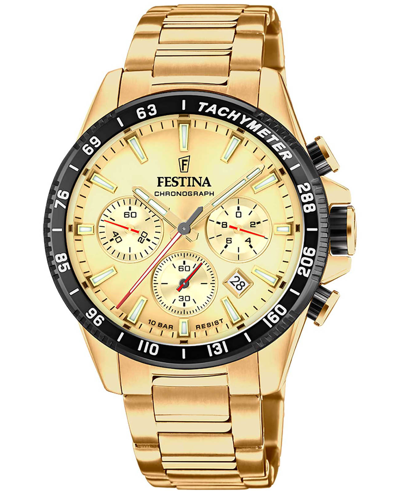 Festina Festina Timeless Chrono F20634/6  F20634/6 кварцевые мужские часы золотой циферблат, браслет сталь c pvd покрытием — вид спереди