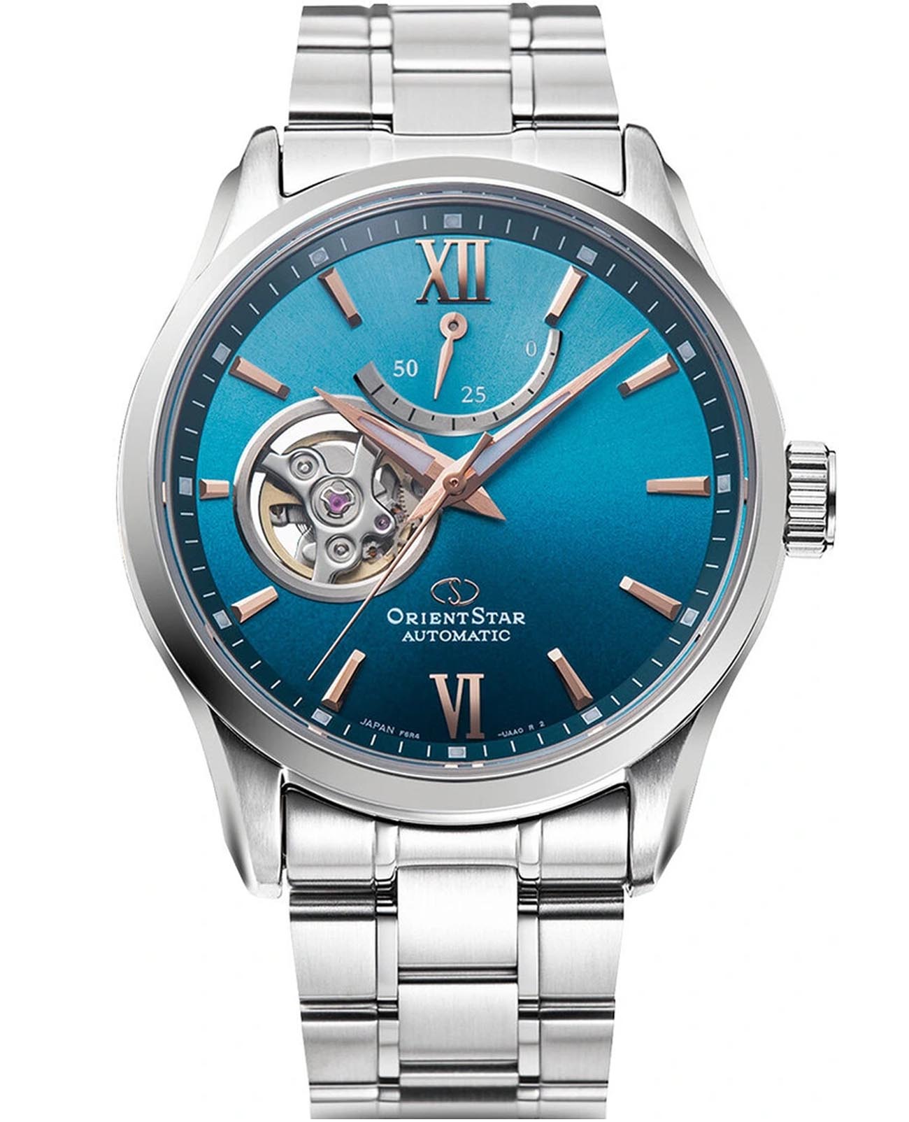 Orient Orient Star RE-AT0017L (RK-AT0017L)  RE-AT0017L механические мужские часы голубой циферблат, браслет нержавеющая сталь — вид спереди