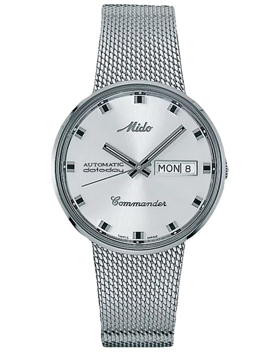 Mido Mido Commander 1959 M8429.4.21.13  M842942113 механические мужские часы белый циферблат, браслет нержавеющая сталь — вид спереди