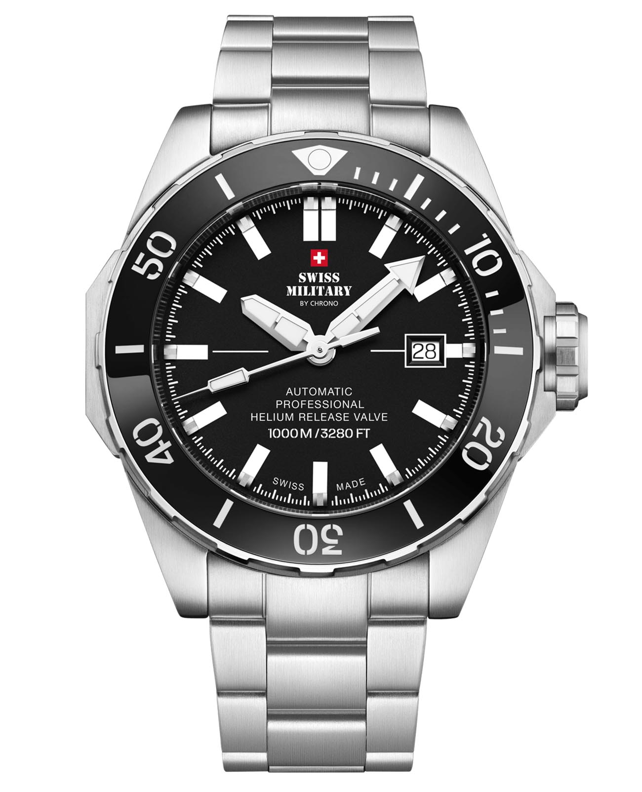 Swiss Military by Chrono Swiss Military by Chrono SMA34092.01  SMA34092.01 механические мужские часы черный циферблат, браслет нержавеющая сталь — вид спереди