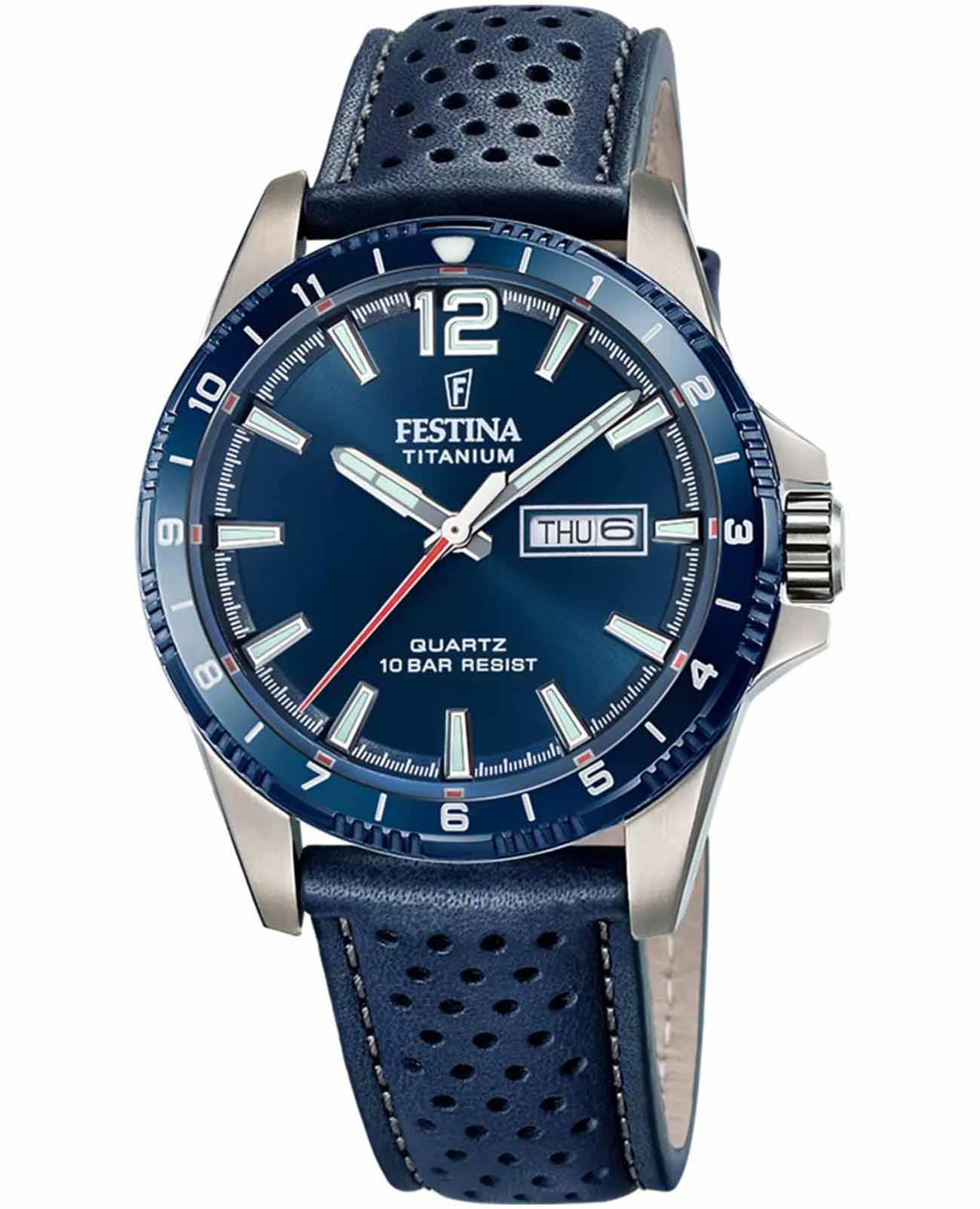 Festina Festina Titanium F20699/2  F20699/2 кварцевые мужские часы синий циферблат, браслет кожаный — вид спереди
