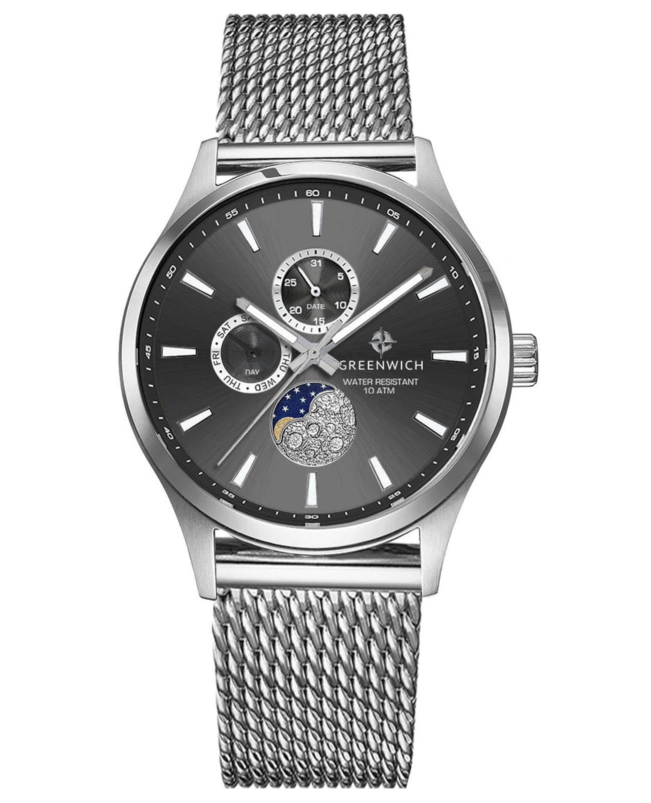 Greenwich Greenwich Moon Walker GW 058.19.31  GW 058.19.31 кварцевые мужские часы черный циферблат, браслет нержавеющая сталь — вид спереди
