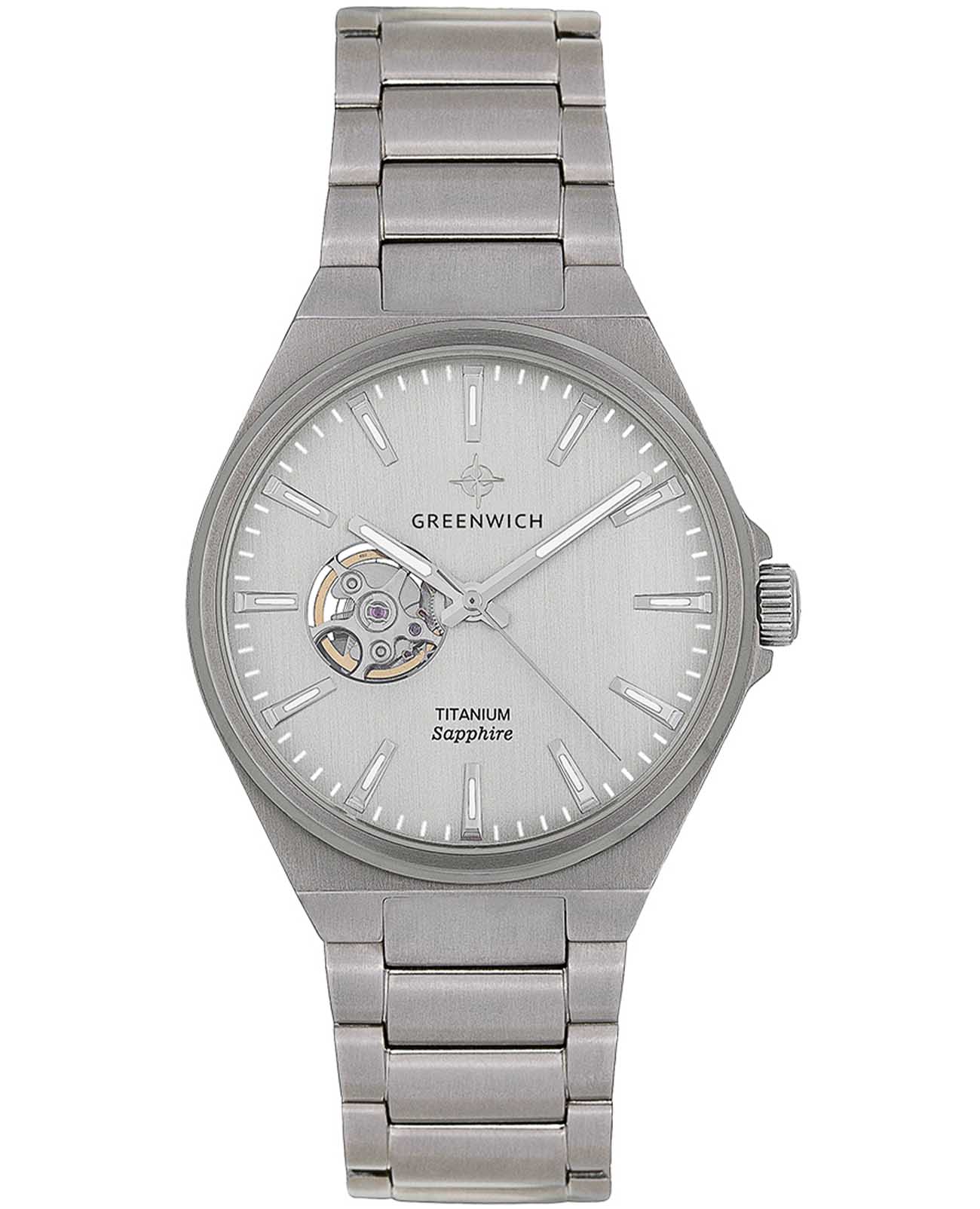Greenwich Greenwich Titanium GW 084.10.33  GW 084.10.33 механические мужские часы белый циферблат, браслет титановый — вид спереди