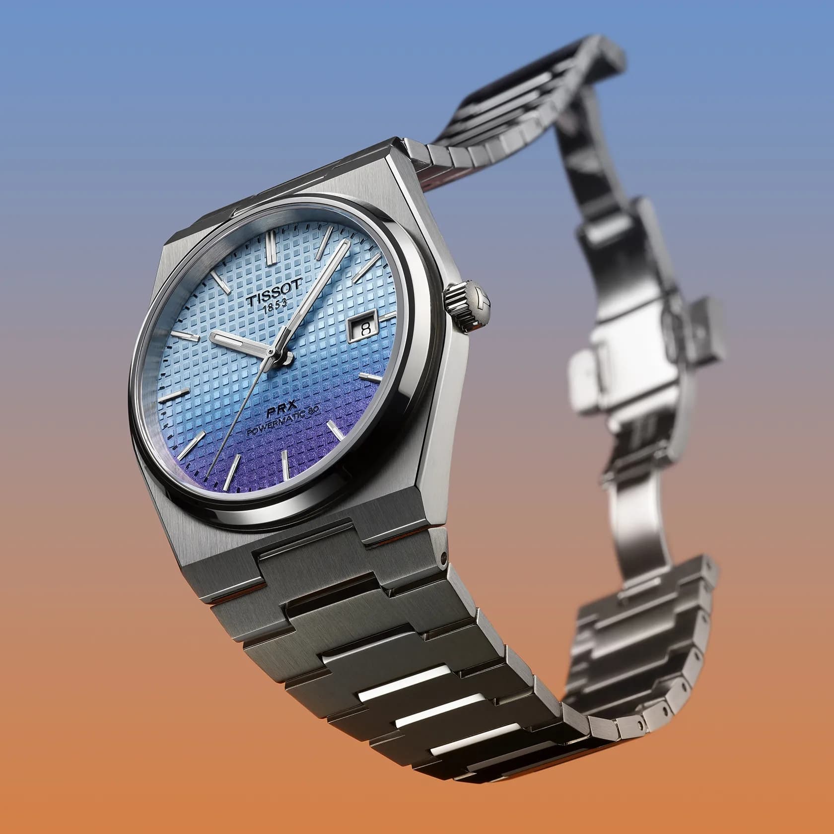 Tissot Tissot PRX Powermatic 80 40mm Gradient T137.407.11.351.01 механические мужские часы часы крупный план голубой циферблата