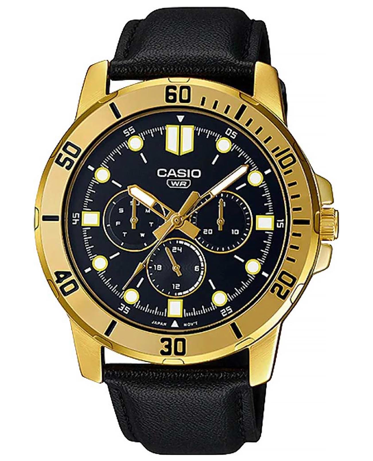 Casio Casio Collection MTP-VD300GL-1EUDF (MTP-VD300GL-1E)  MTP-VD300GL-1E кварцевые мужские часы черный циферблат, браслет кожаный — вид спереди