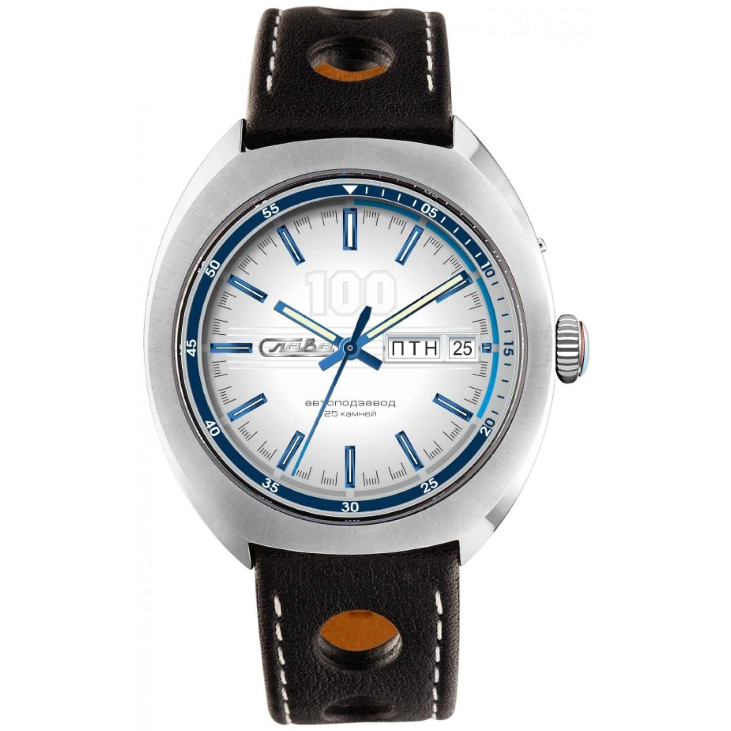 Слава Слава Мир 9010574/300-2427  9010574/300-2427 механические мужские часы серебристый циферблат, браслет кожаный — вид спереди