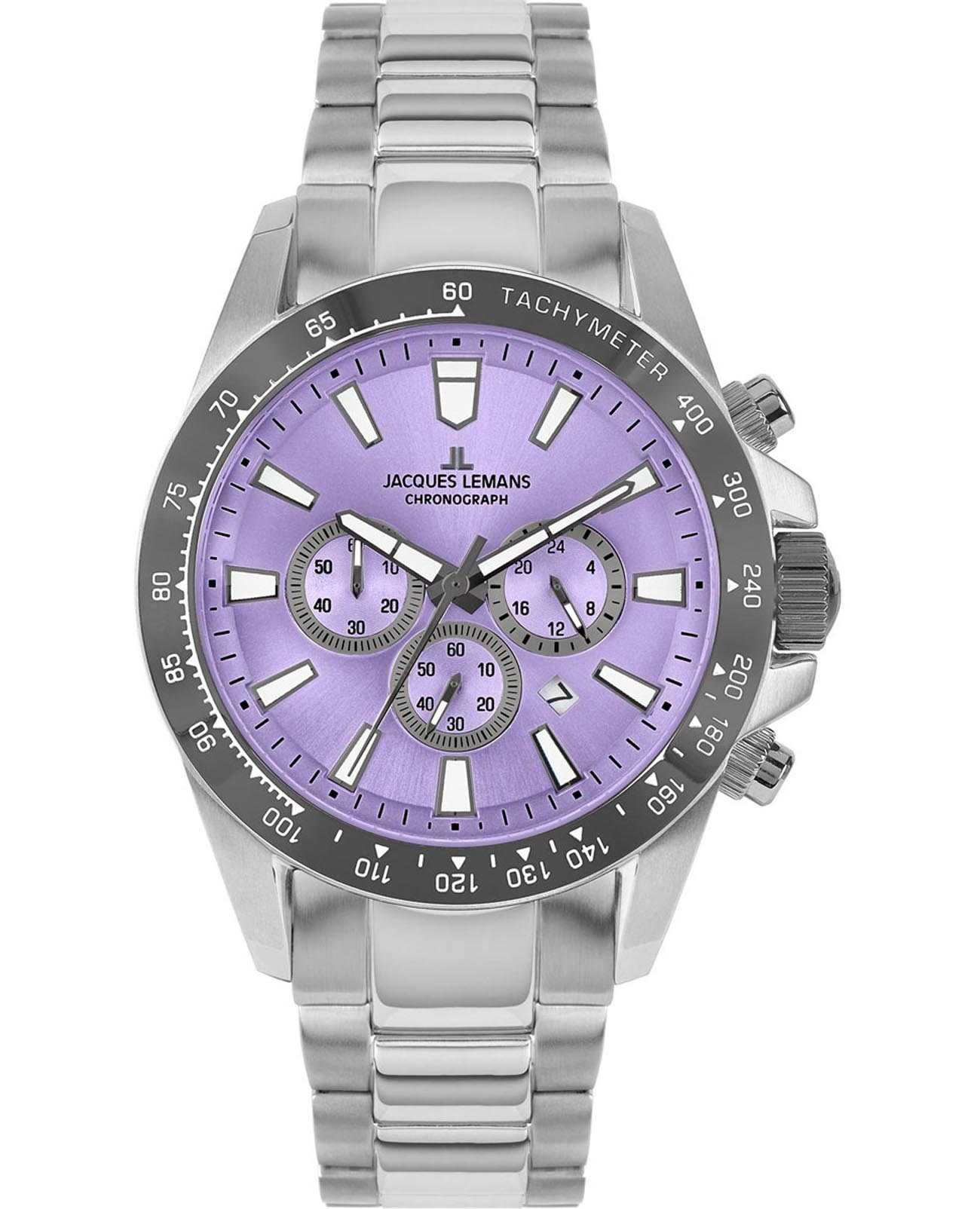Jacques Lemans Jacques Lemans Liverpool 1-2140M  1-2140M кварцевые мужские часы фиолетовый циферблат, браслет нержавеющая сталь — вид спереди