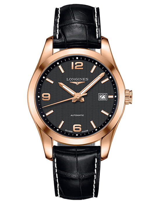 Longines Longines Conquest L27858563  L27858563 механические мужские часы черный циферблат, браслет кожа + текстиль — вид спереди