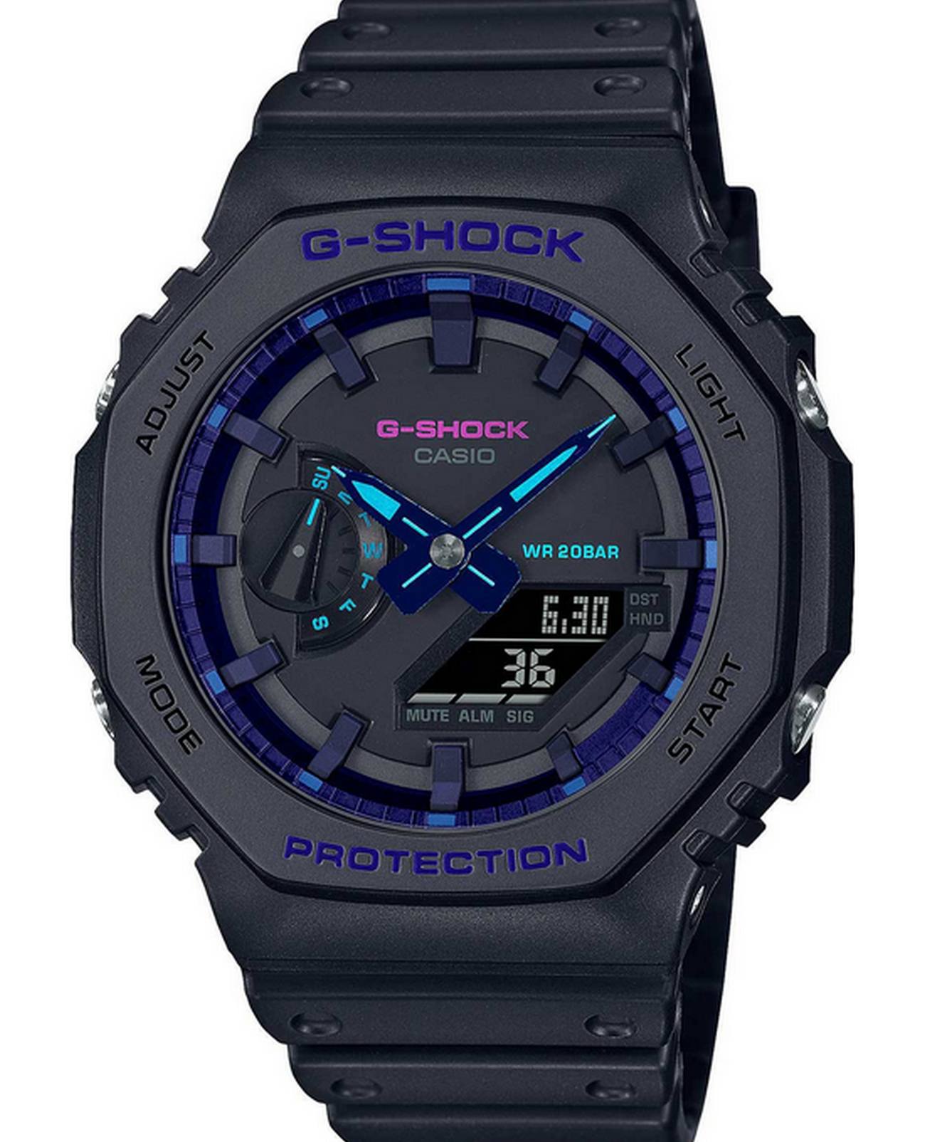 Casio Casio G-Shock Virtual Blue GA-2100VB-1ADR (GA-2100VB-1A) GA-2100 GA-2100VB-1A электронные мужские часы черный циферблат, браслет пластик — вид спереди