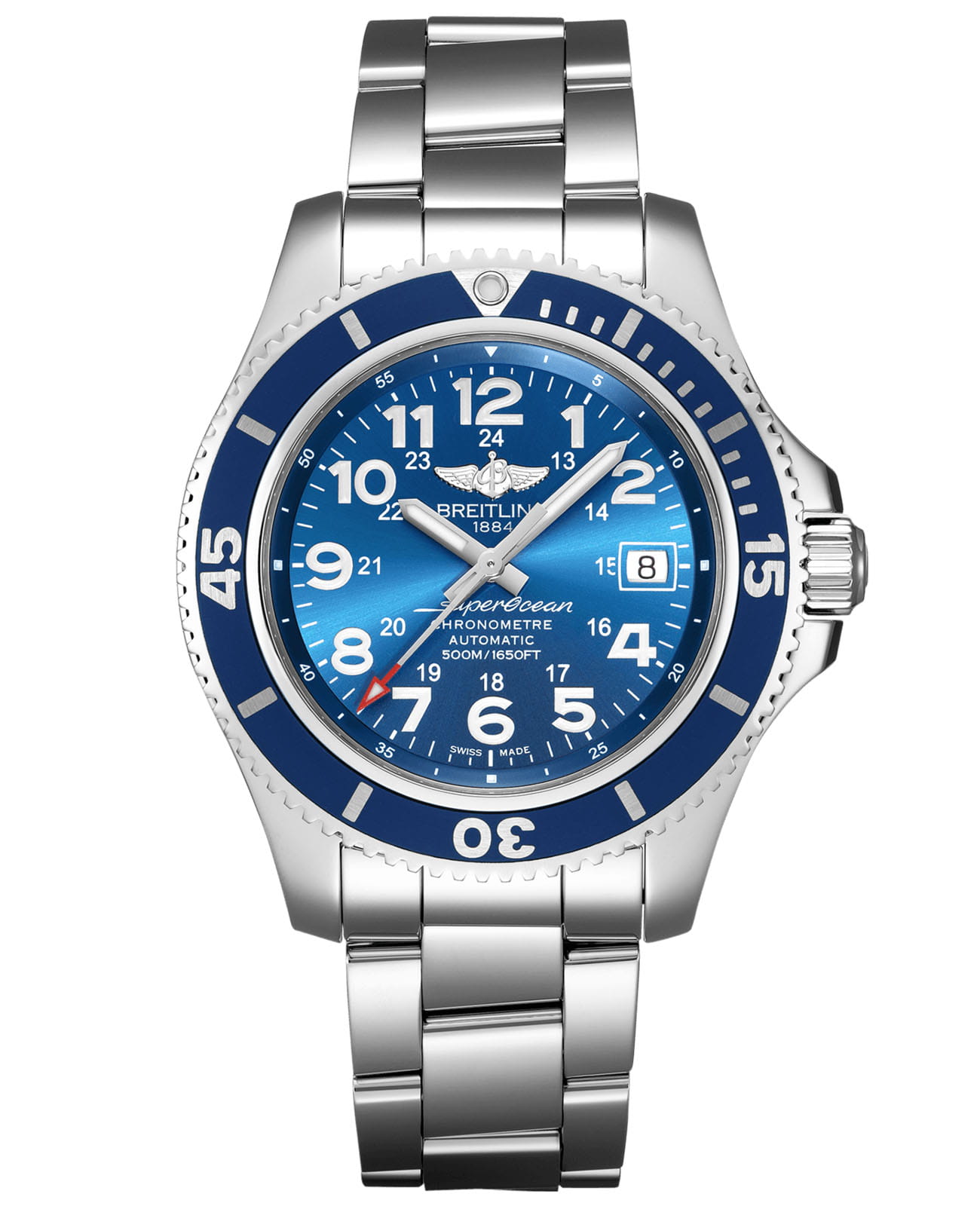 Breitling Breitling Superocean II 42 A17365D11C1A1  A17365D11C1A1 механические мужские часы голубой циферблат, браслет нержавеющая сталь — вид спереди