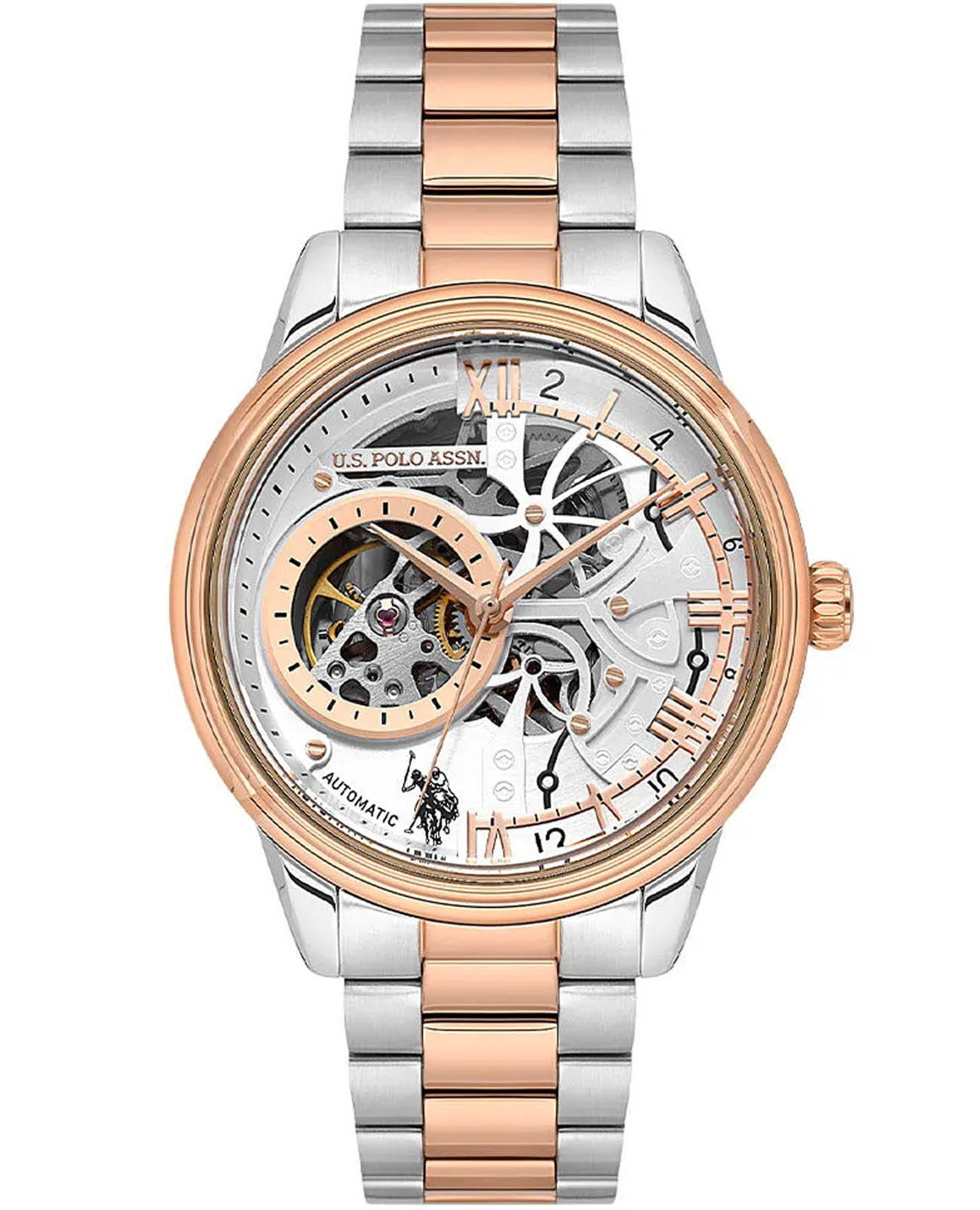 U.S. Polo Assn. U.S. Polo Assn. Crossing USPA1112-06  USPA1112-06 механические мужские часы серебристый циферблат, браслет нержавеющая сталь с pvd-покрытием — вид спереди