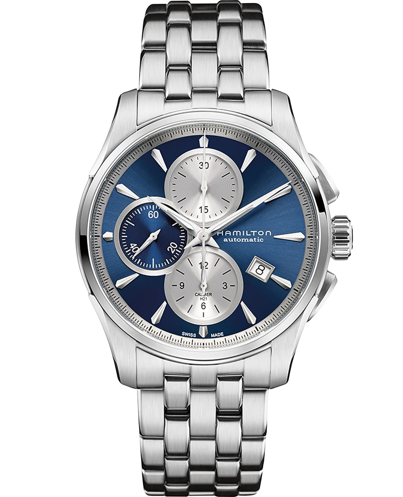 Hamilton Hamilton Jazzmaster Auto Chrono H32596141  H32596141 механические мужские часы синий циферблат, браслет нержавеющая сталь — вид спереди