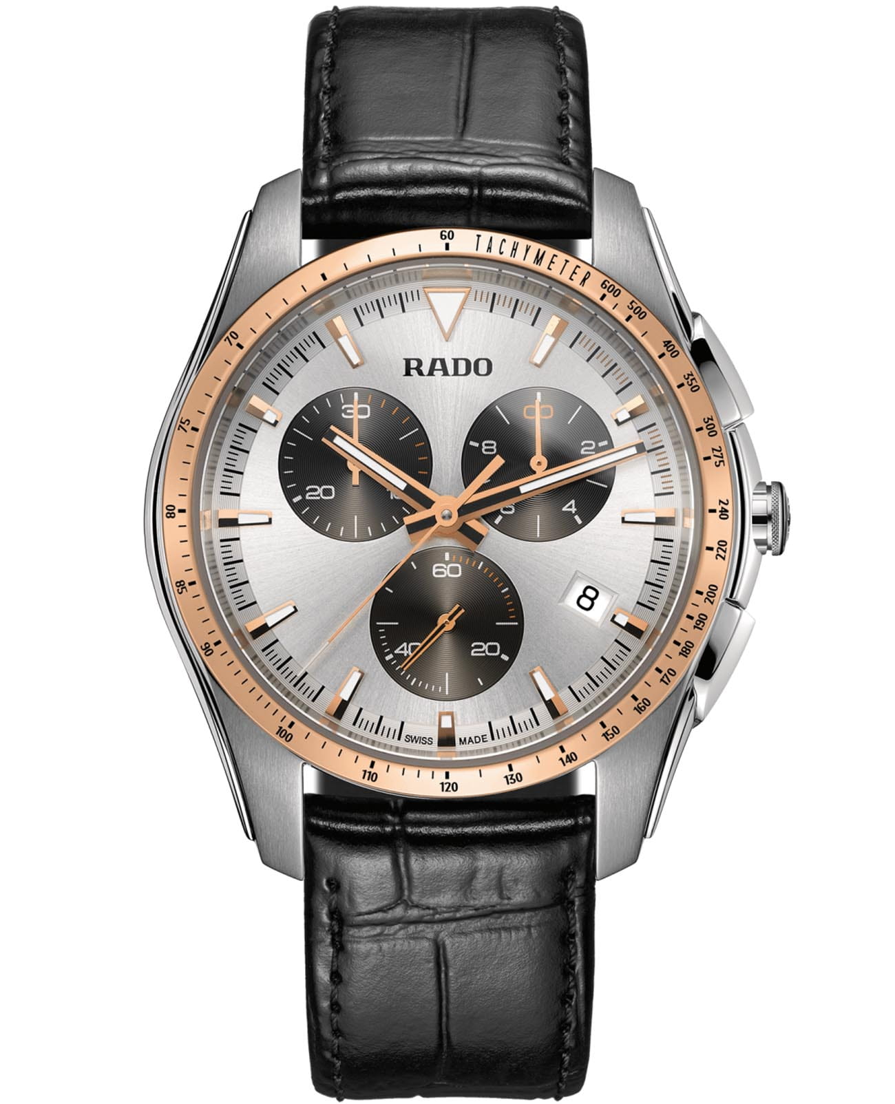 Rado Rado HyperChrome Chronograph R32259105  R32259105 кварцевые мужские часы серебристый циферблат, браслет кожаный — вид спереди