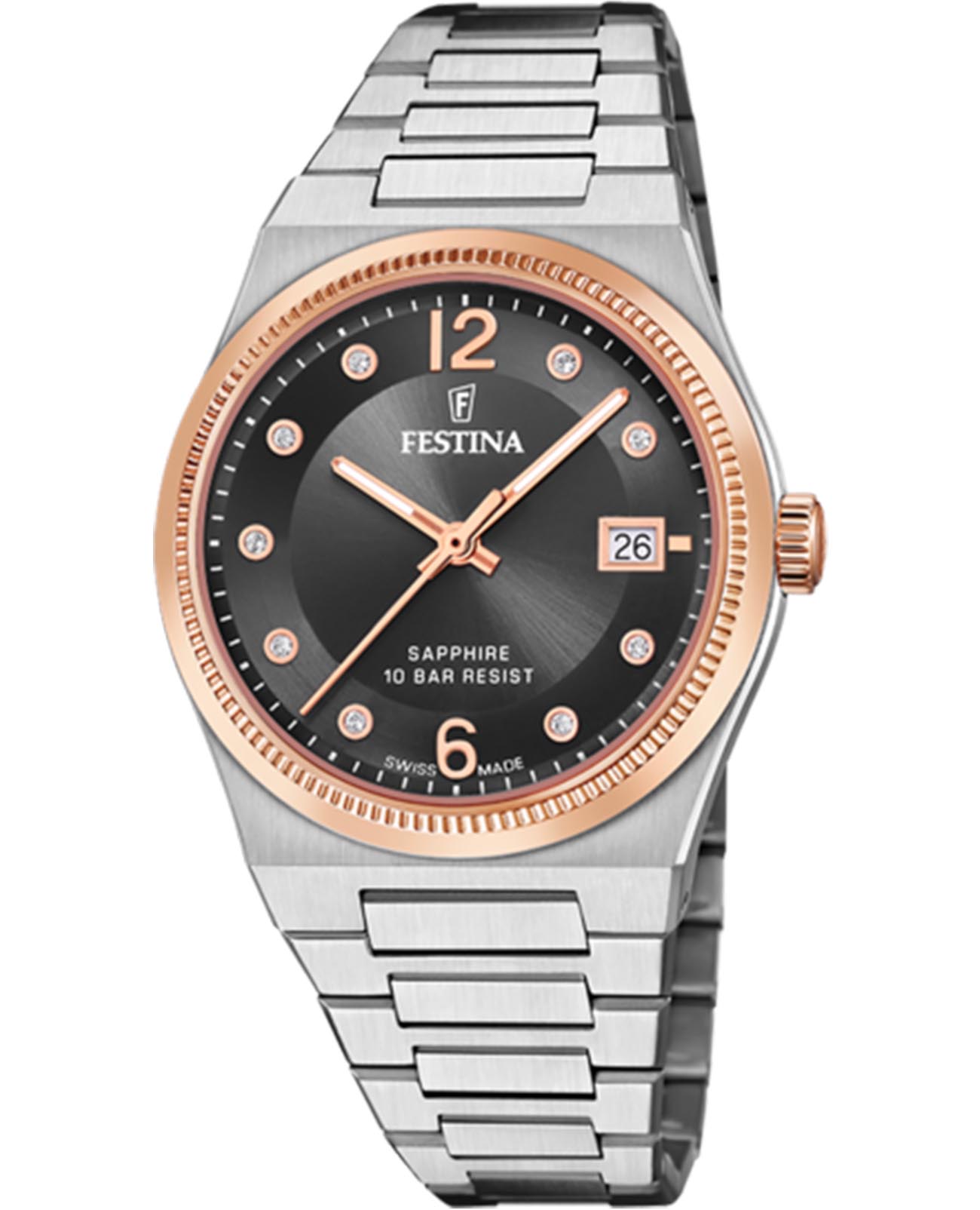 Festina Festina Classics F20037/3  F20037/3 кварцевые женские часы черный циферблат, браслет нержавеющая сталь — вид спереди