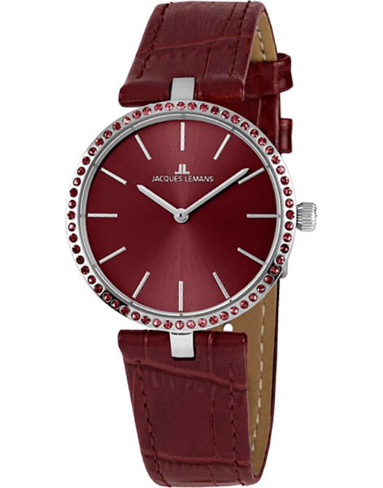 Jacques Lemans Jacques Lemans 1-2024J  1-2024J кварцевые женские часы красный циферблат, браслет кожаный — вид спереди