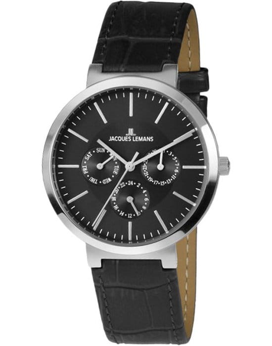 Jacques Lemans Jacques Lemans 1-1950A  1-1950A кварцевые мужские часы черный циферблат, браслет кожаный — вид спереди