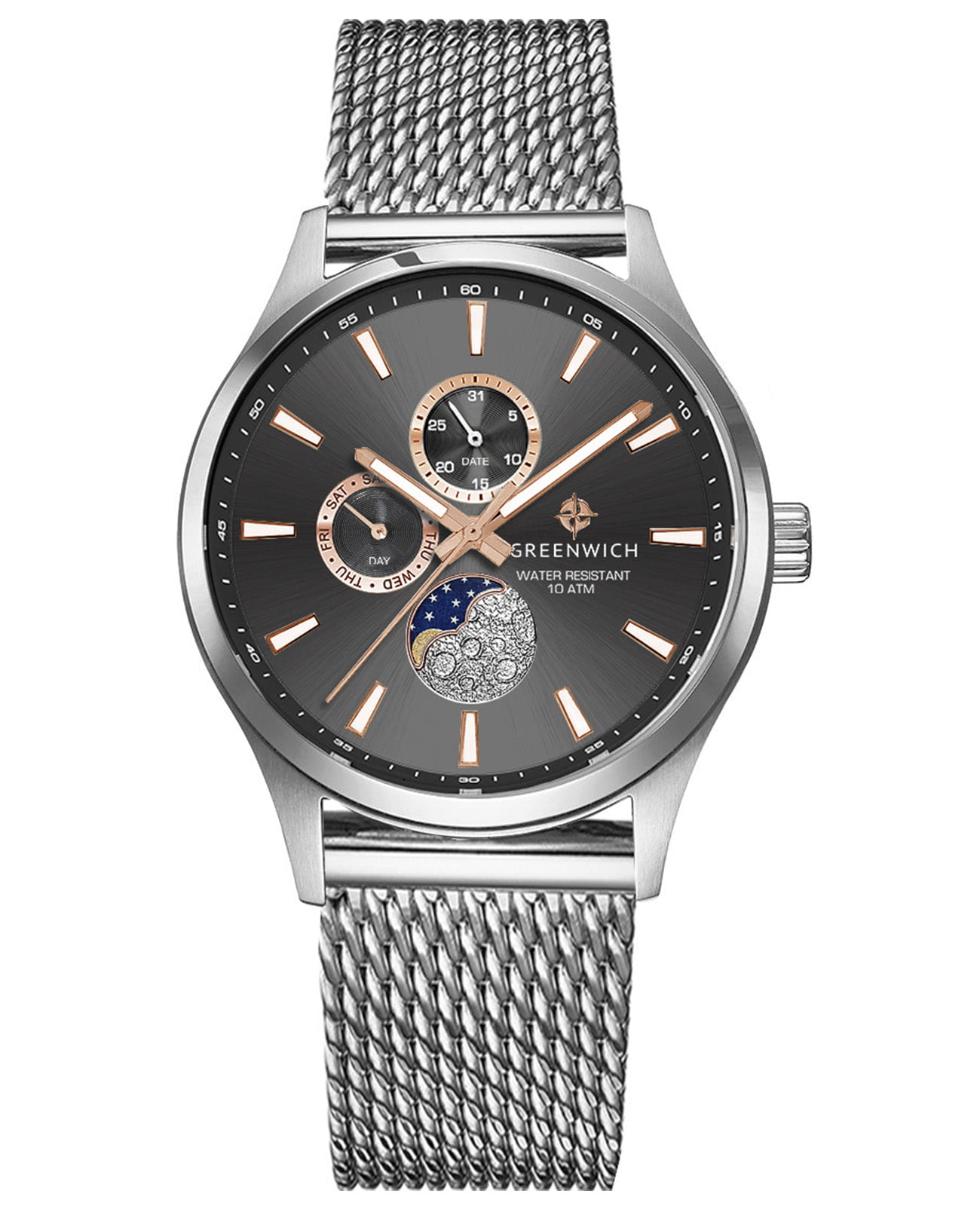 Greenwich Greenwich Moon Walker GW 058.19.34  GW 058.19.34 кварцевые мужские часы серый циферблат, браслет нержавеющая сталь — вид спереди