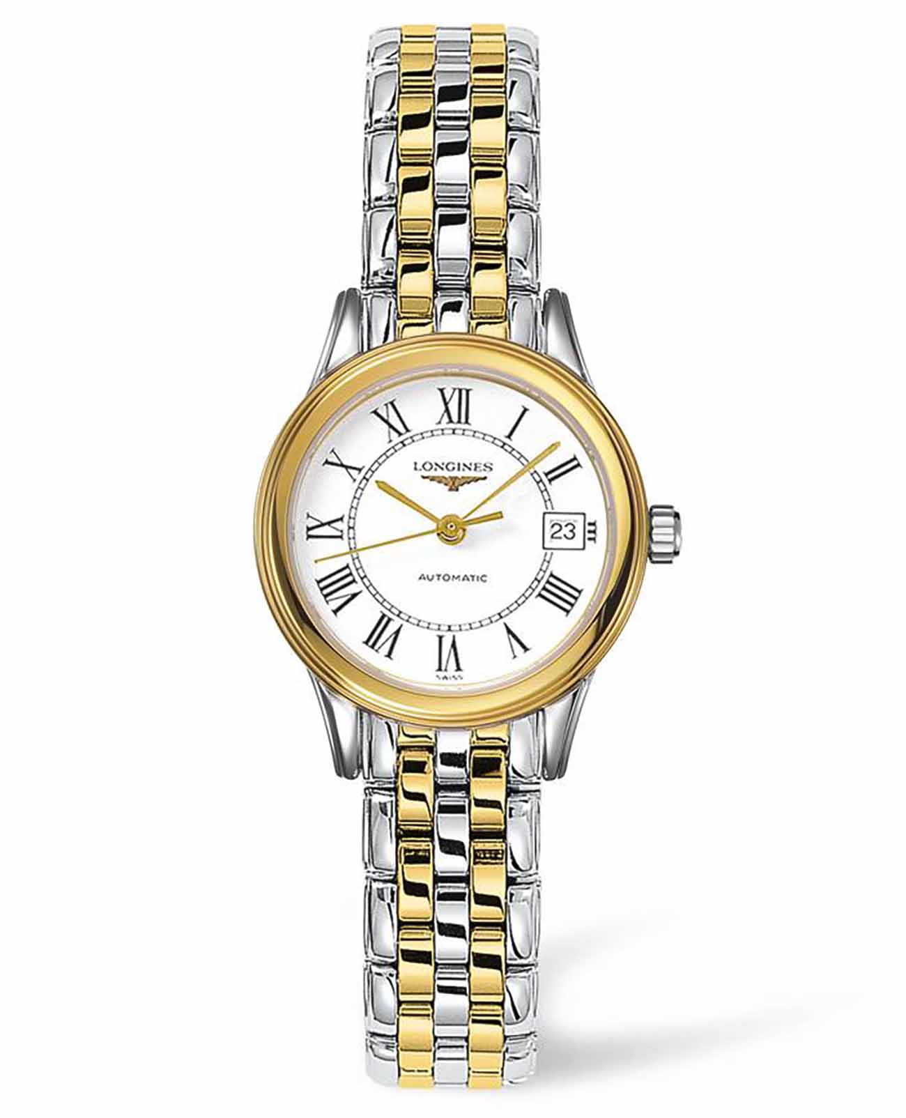 Longines Longines Flagship L4.274.3.21.7  L42743217 механические женские часы белый циферблат, браслет сталь c pvd покрытием — вид спереди