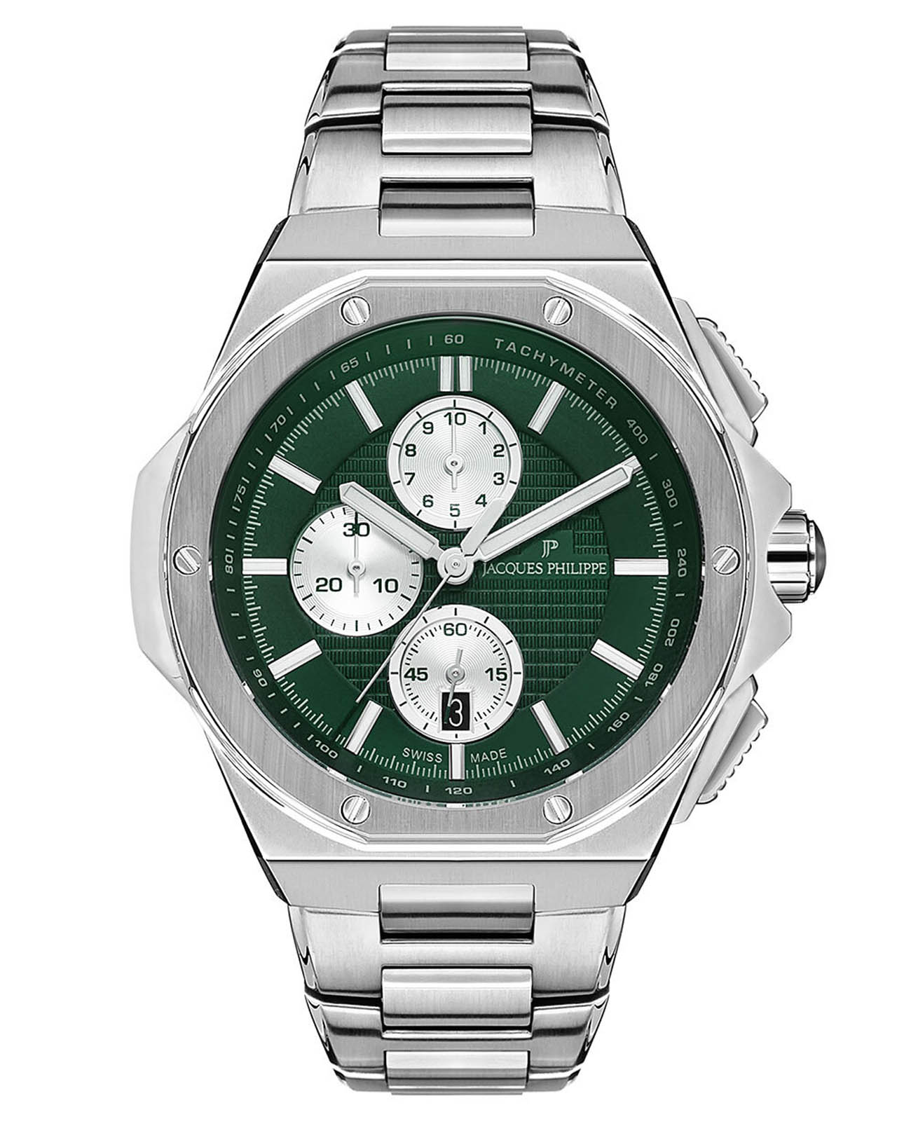 Jacques Philippe Jacques Philippe Esquire JPQGC0413X6S  JPQGC0413X6S кварцевые мужские часы зеленый циферблат, браслет нержавеющая сталь — вид спереди