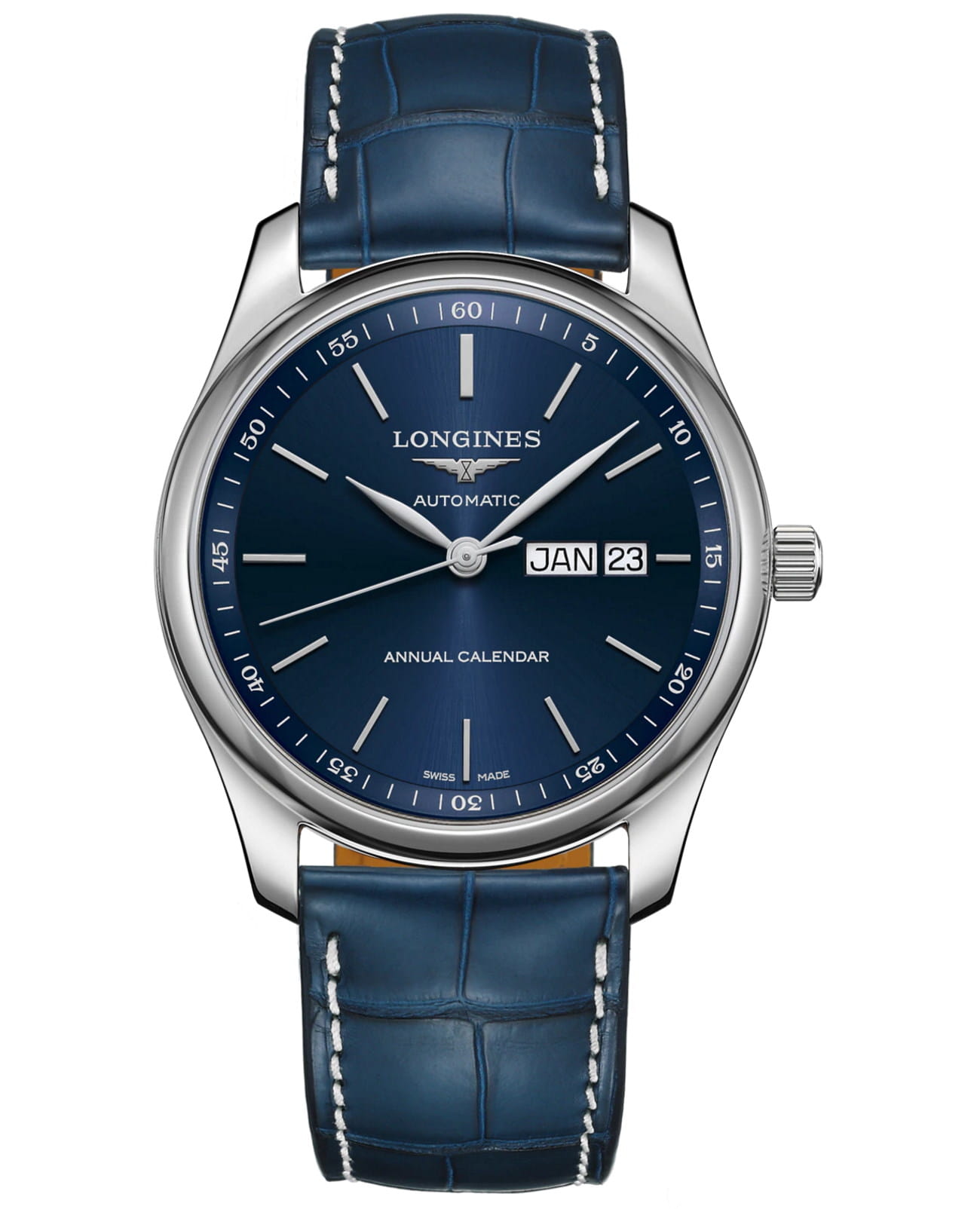 Longines Longines Master Collection L2.910.4.92.0  L29104920 механические мужские часы синий циферблат, браслет кожаный — вид спереди