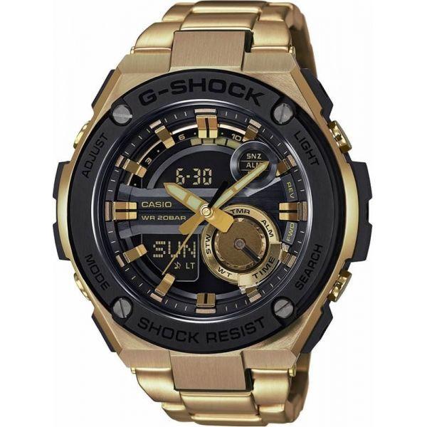 Casio Casio G-Shock GST-210GD-1A GST G-Steel GST-210GD-1A электронные мужские часы черный циферблат, браслет 18-каратное желтое золото — вид спереди