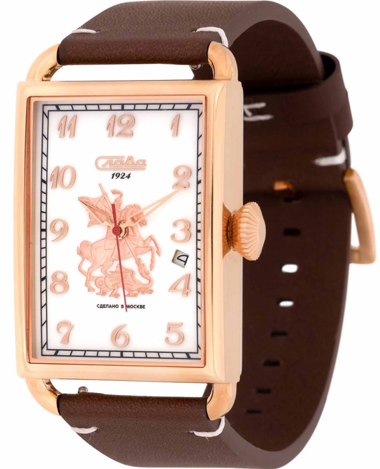 Слава Слава Москва 8703785/300-2414  8703785/300-2414 механические мужские часы белый циферблат, браслет кожаный — вид спереди