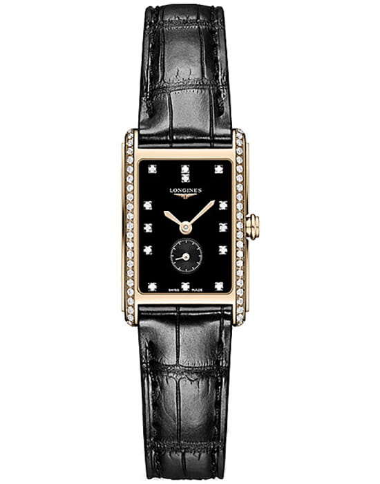 Longines Longines DolceVita L5.255.9.57.0  L52559570 кварцевые женские часы черный циферблат, браслет кожаный — вид спереди