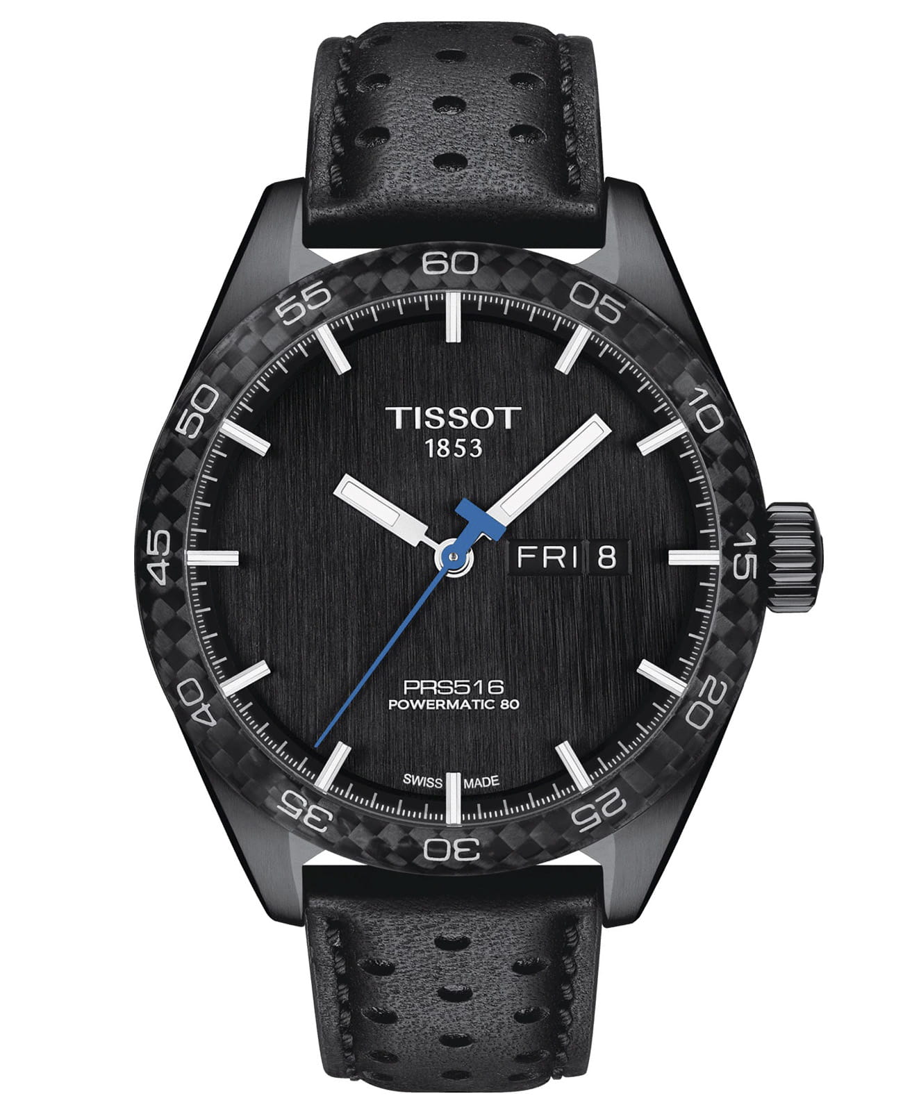 Tissot Tissot PRS 516 Powermatic 80 T100.430.36.051.02 PRS 516 T1004303605102 механические мужские часы черный циферблат, браслет кожаный — вид спереди