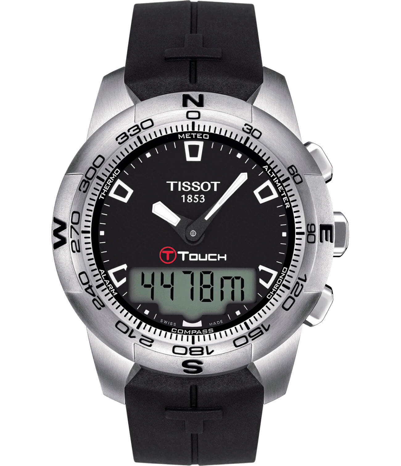 Tissot Tissot T-Touch II Stainless Steel T047.420.17.051.00 T Touch T0474201705100 кварцевые мужские часы черный циферблат, браслет каучук — вид спереди