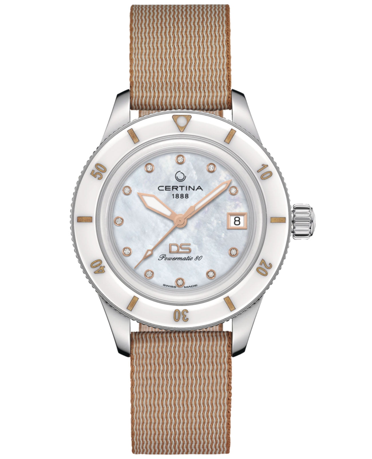 Certina Certina DS PH200M C036.207.18.106.00 DS PH200M C0362071810600 механические женские часы перламутровый циферблат, браслет нейлон — вид спереди