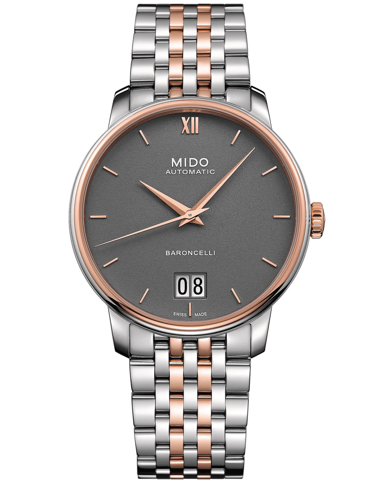 Mido Mido Baroncelli Big Date M027.426.22.088.00  M0274262208800 механические мужские часы серый циферблат, браслет сталь c pvd покрытием — вид спереди