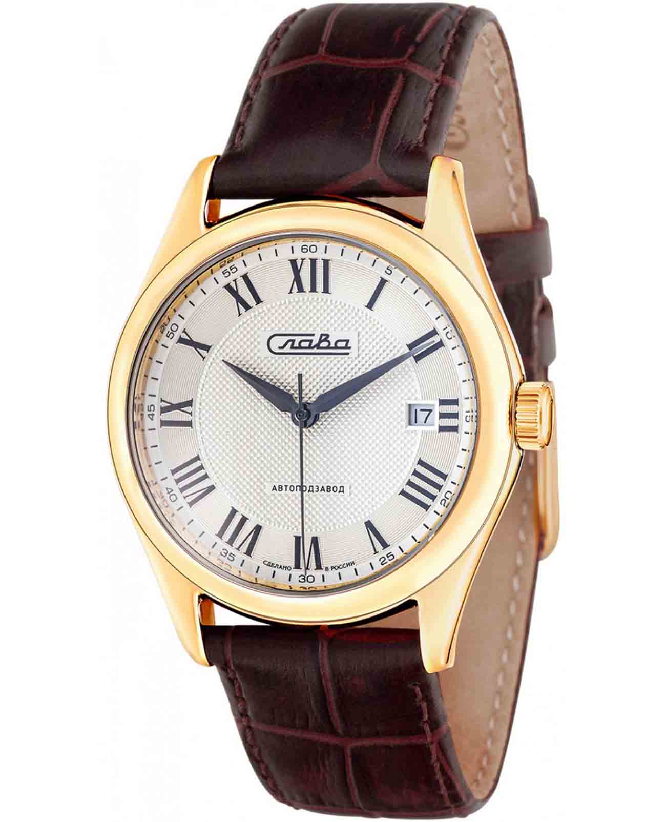 Слава Слава Сенат 1499296/300-8215  1499296/300-8215 механические мужские часы белый циферблат, браслет кожаный — вид спереди