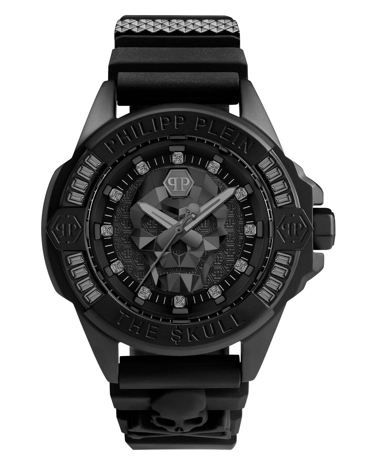 Philipp Plein Philipp Plein The Skull PWNAA0322  PWNAA0322 кварцевые мужские часы черный циферблат, браслет силикон — вид спереди