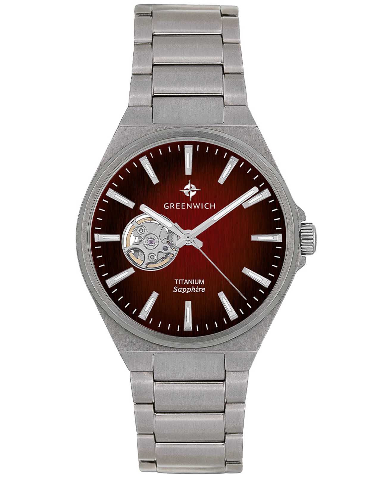 Greenwich Greenwich Titanium GW 084.10.35  GW 084.10.35 механические мужские часы красный циферблат, браслет титановый — вид спереди