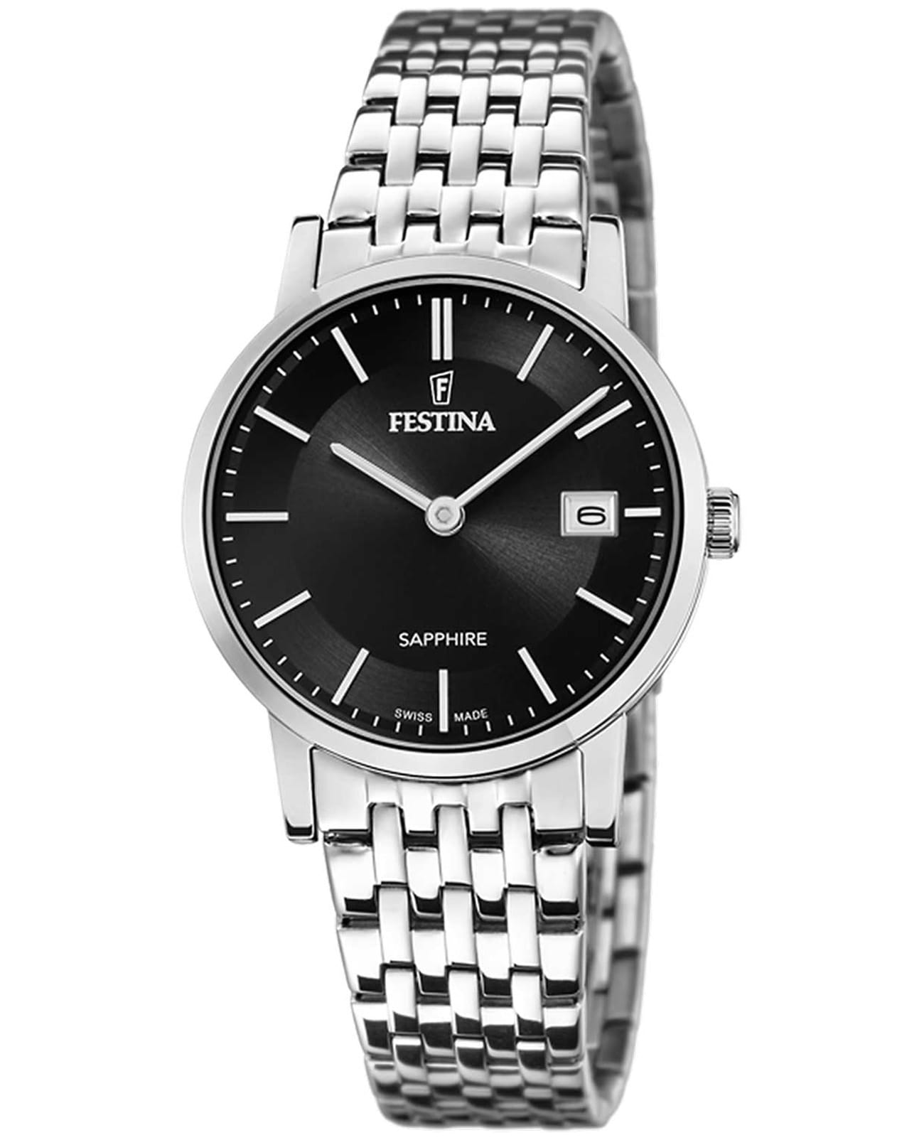 Festina Festina Swiss Made F20019/3  F20019/3 кварцевые женские часы черный циферблат, браслет нержавеющая сталь 316l — вид спереди