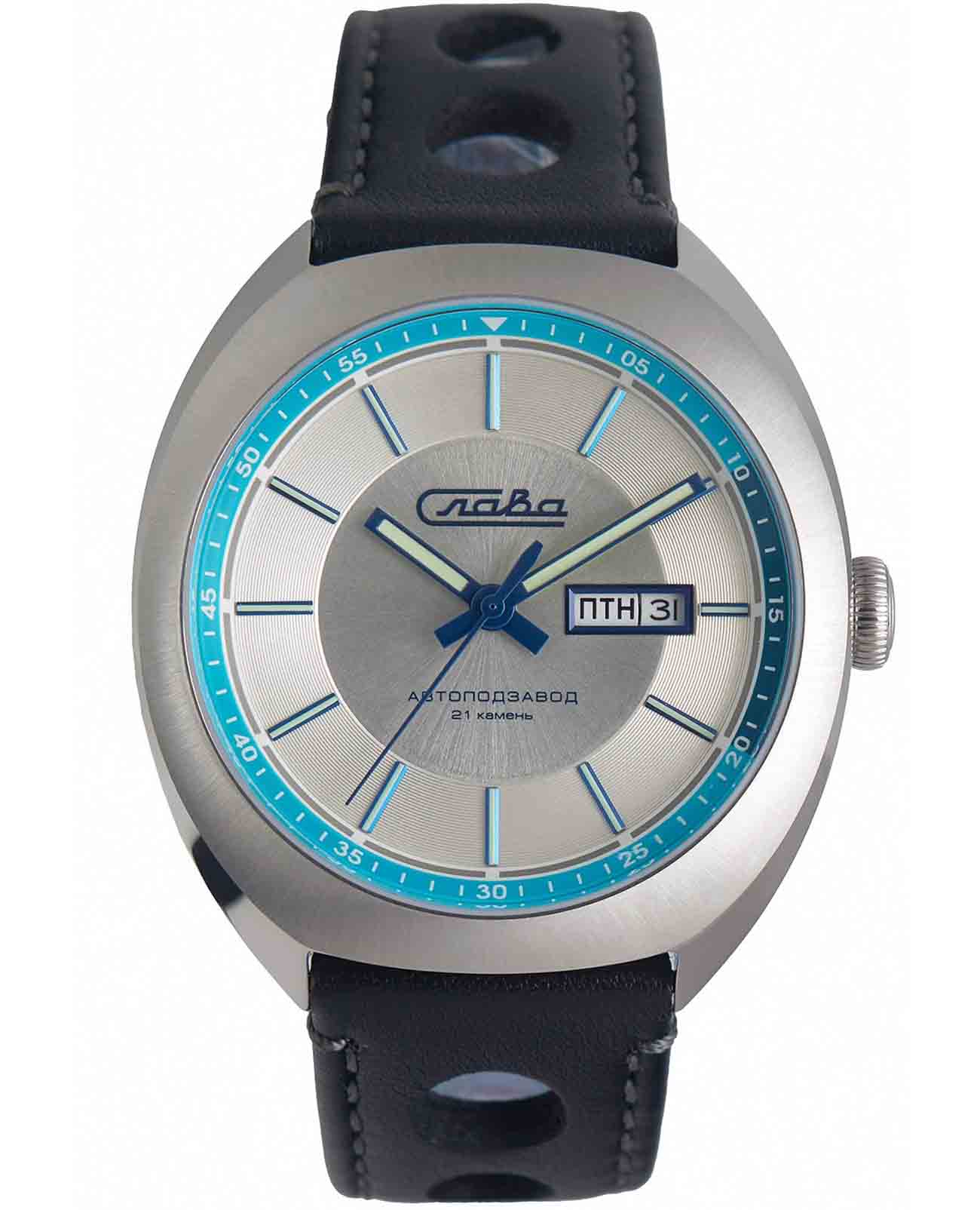 Слава Слава Мир 3010698/300-8205  3010698/300-8205 механические мужские часы серебристый циферблат, браслет кожаный — вид спереди