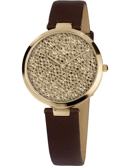 Jacques Lemans Jacques Lemans 1-2035E  1-2035E кварцевые женские часы золотой циферблат, браслет кожаный — вид спереди