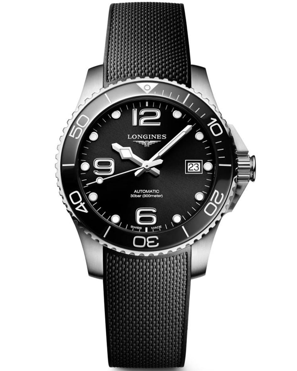 Longines Longines HydroConquest L3.780.4.56.9  L37804569 механические мужские часы черный циферблат, браслет каучук — вид спереди
